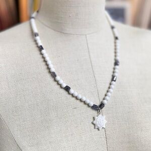 Vintage Carved Sun Beaded Necklace with Sterling Hardware